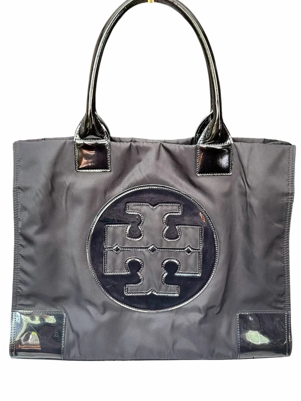Tory Burch Black Nylon Tote with Patent Trim and Logo